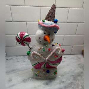 Whimsical Frosted Pink Peppermint Snowman, Candy Christmas Theme